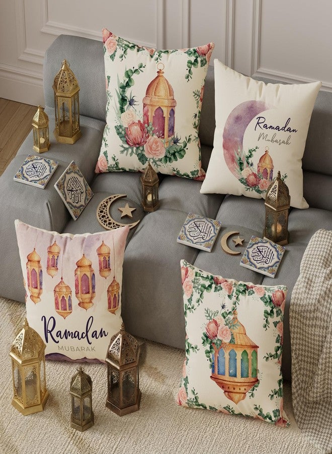 ZAEW Watercolor Lantern Moon Flowers Ramadan Mubarak Pillow Covers Throw Pillow Cases Set of 4 Decorations for Home Sofa Cushion Cover Party Holiday Decor 18x18 Inch - Image 4