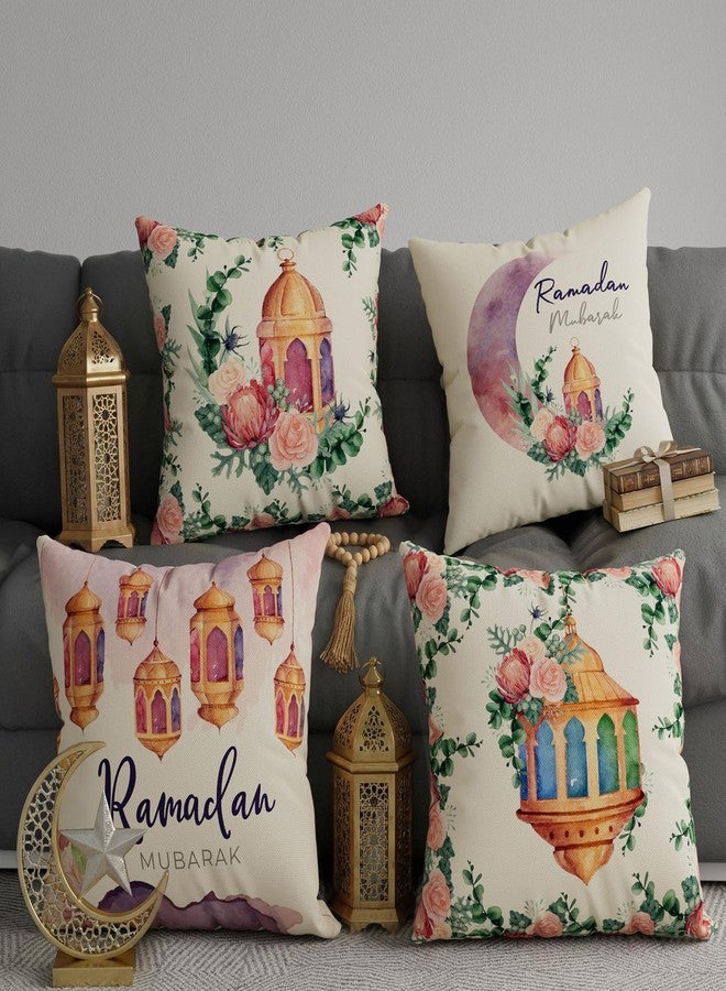 ZAEW Watercolor Lantern Moon Flowers Ramadan Mubarak Pillow Covers Throw Pillow Cases Set of 4 Decorations for Home Sofa Cushion Cover Party Holiday Decor 18x18 Inch - Image 2