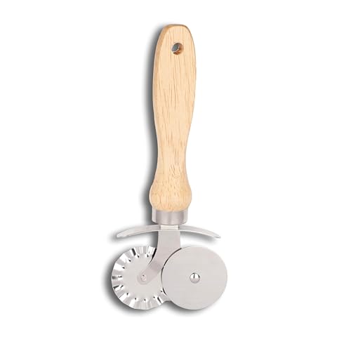 Kreshu 2 in 1 Stainless Steel Double Tip Wheel Pizza Cutter with Wooden Handle | Kitchen Tool Accessories for Pizza & Pastry Pasta Spaghetti Ice Cream Cubes Cutting and Sandwich Slicer (Pack of 1) - Image 1