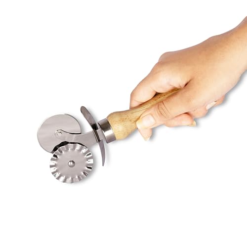 Kreshu 2 in 1 Stainless Steel Double Tip Wheel Pizza Cutter with Wooden Handle | Kitchen Tool Accessories for Pizza & Pastry Pasta Spaghetti Ice Cream Cubes Cutting and Sandwich Slicer (Pack of 1) - Image 4