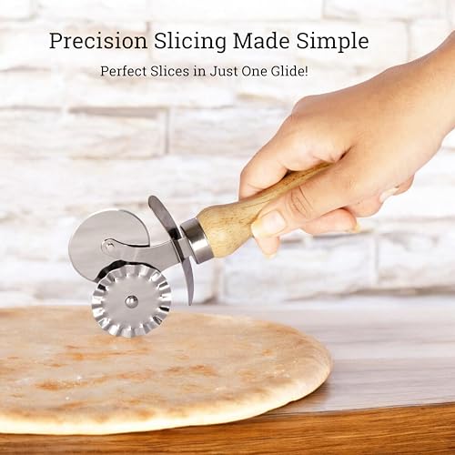 Kreshu 2 in 1 Stainless Steel Double Tip Wheel Pizza Cutter with Wooden Handle | Kitchen Tool Accessories for Pizza & Pastry Pasta Spaghetti Ice Cream Cubes Cutting and Sandwich Slicer (Pack of 1) - Image 5