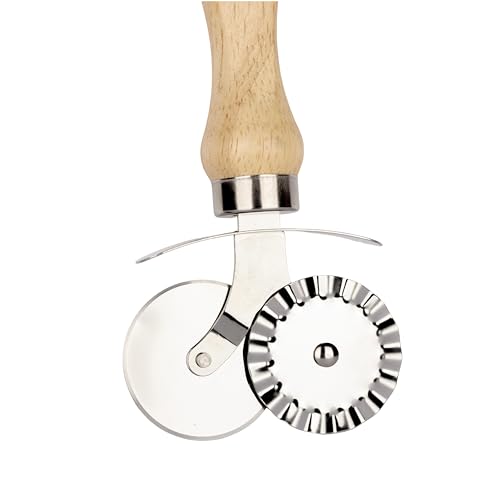 Kreshu 2 in 1 Stainless Steel Double Tip Wheel Pizza Cutter with Wooden Handle | Kitchen Tool Accessories for Pizza & Pastry Pasta Spaghetti Ice Cream Cubes Cutting and Sandwich Slicer (Pack of 1) - Image 3
