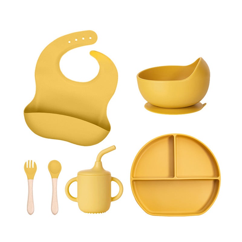 Baby Feeding Set Silicone Bowl Spoon Fork Yellow 6-piece wooden handle