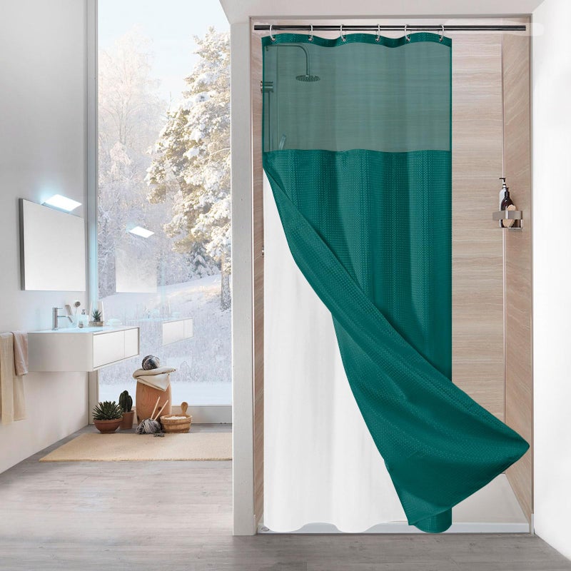 MitoVilla Dark Green Small Stall Shower Curtain 36 x 72  Narrow Half Size Waffle Weave Fabric Shower Curtain with Water-Repellent Snap-in Liner for Modern Neutral Hotel Bathroom Decor  Seaweed Green - Image 1