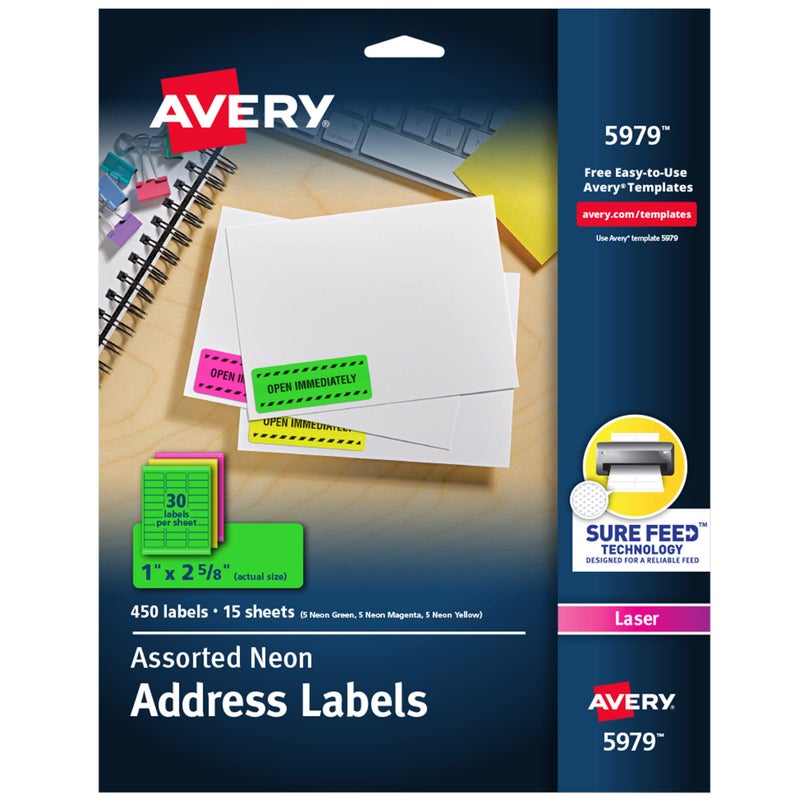 Avery Printable Address Labels with Sure Feed, 1" x 2-5/8", Assorted Neon (Magenta, Green and Yellow), 450 Blank Mailing Labels for Laser and Inkjet Printers (5979) - Image 1
