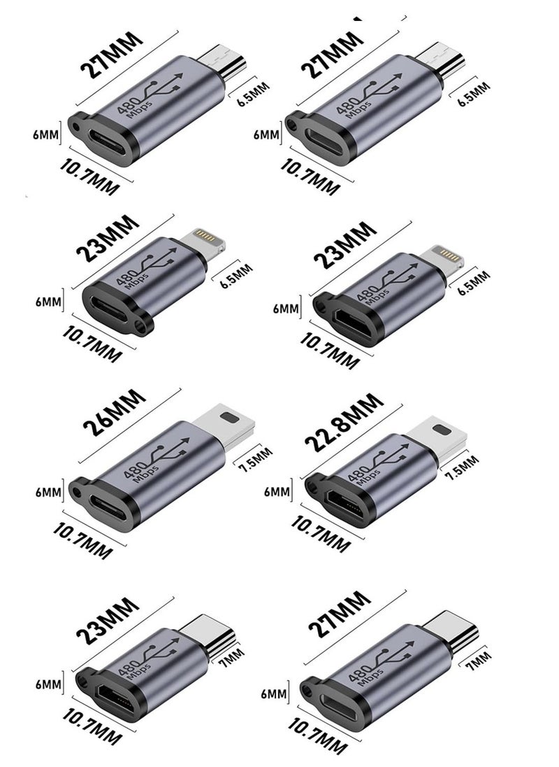 Excefore - 8 Pack USB C/Lightning to Micro USB Adapter,  Micro USB/Lighting to USB C Extender, USB C/Micro USB to Mini USB Connector use any interface(Black) - Image 1