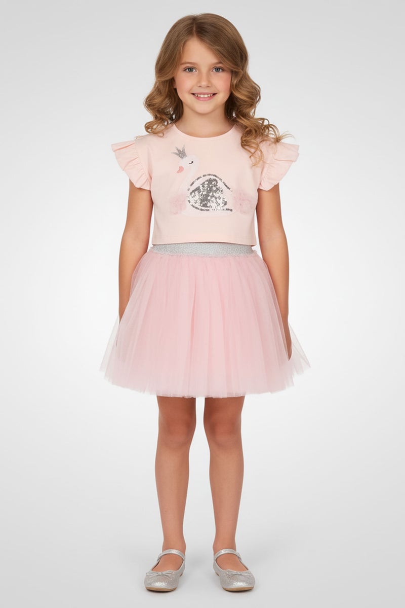 MISS Kids Girl 2 Pieces Embellished Top And Tutu Skirt, Pink - Image 1