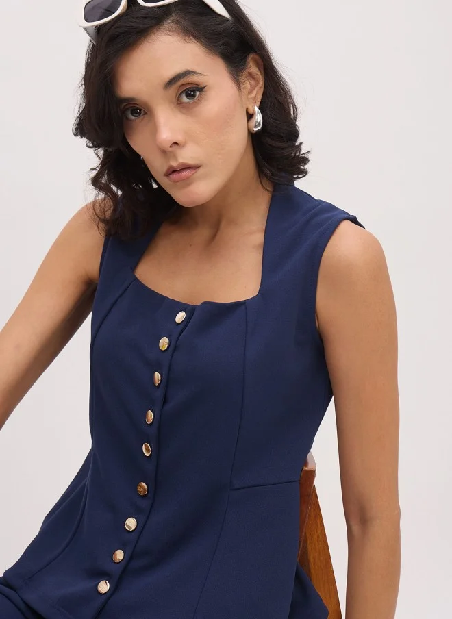 SASSAFRAS Navy Square Neck Shirt Style Top for Women