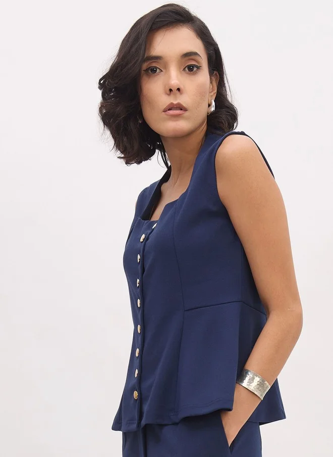 SASSAFRAS Navy Square Neck Shirt Style Top for Women