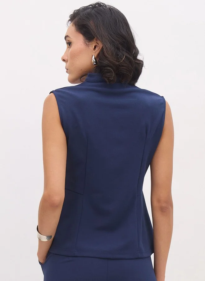 SASSAFRAS Navy Square Neck Shirt Style Top for Women