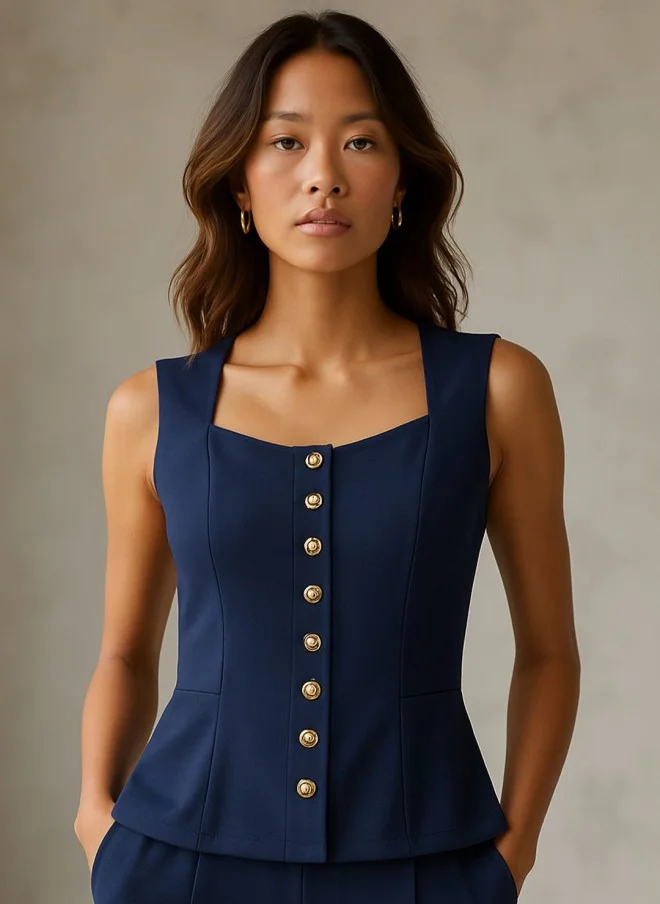 SASSAFRAS Navy Square Neck Shirt Style Top for Women