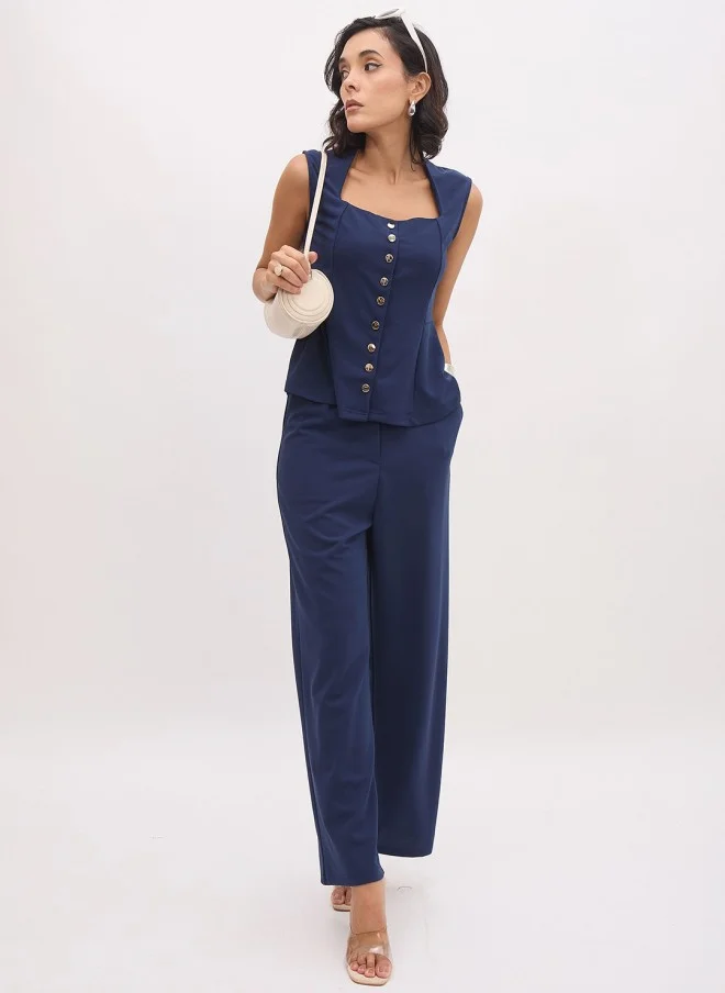 SASSAFRAS Navy Square Neck Shirt Style Top for Women