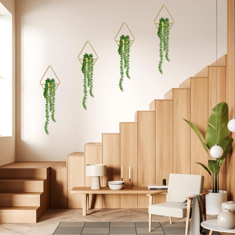 Jexine 4 Pcs Plant Wall Decor Diamond Shape Hanging Planters with Artificial Plants Geometric Metal Hanging Vase Indoor Wall Decor for Living Room Bathroom Home (Gold) - Image 4