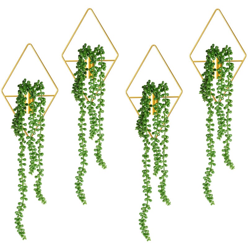 Jexine 4 Pcs Plant Wall Decor Diamond Shape Hanging Planters with Artificial Plants Geometric Metal Hanging Vase Indoor Wall Decor for Living Room Bathroom Home (Gold) - Image 1