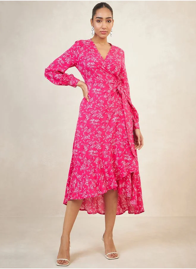 FEMELLA All Over Print Asymmetrical Hem Midi Wrap Dress by Styli