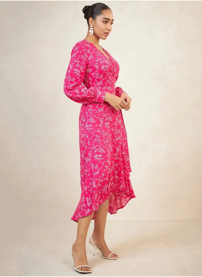 FEMELLA All Over Print Asymmetrical Hem Midi Wrap Dress by Styli