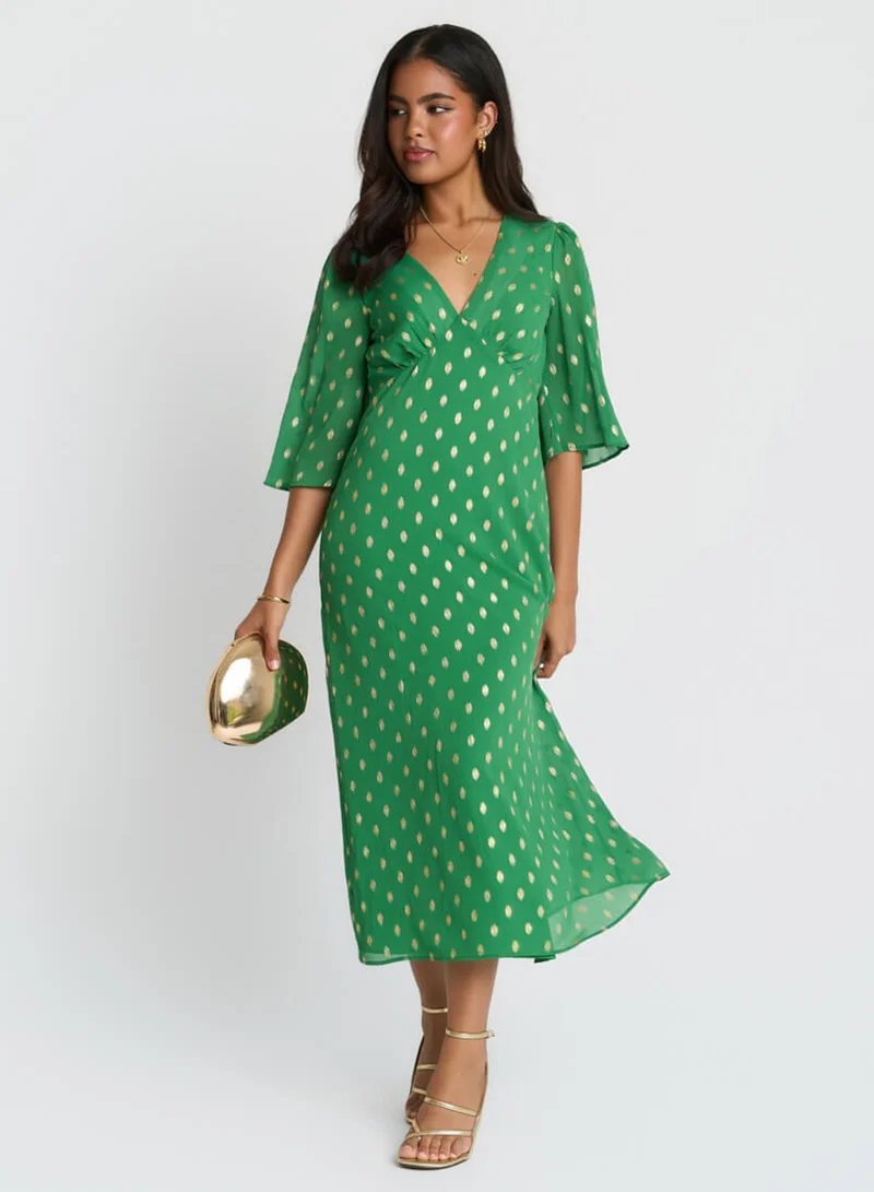 Green Foil Chiffon Midi Dress