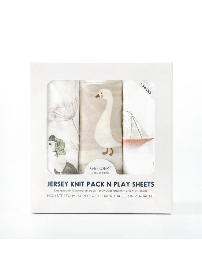 GRSSDER Stretchy Ultra Soft Jersey Knit Fitted Pack and Play Sheets Set 3 Pack, Portable/Mini Crib Sheets for Boys and Girls, Universal Fit for Pack N Plays Safe and Snug, Stylish Pattern of Duck Happy Party - Image 3