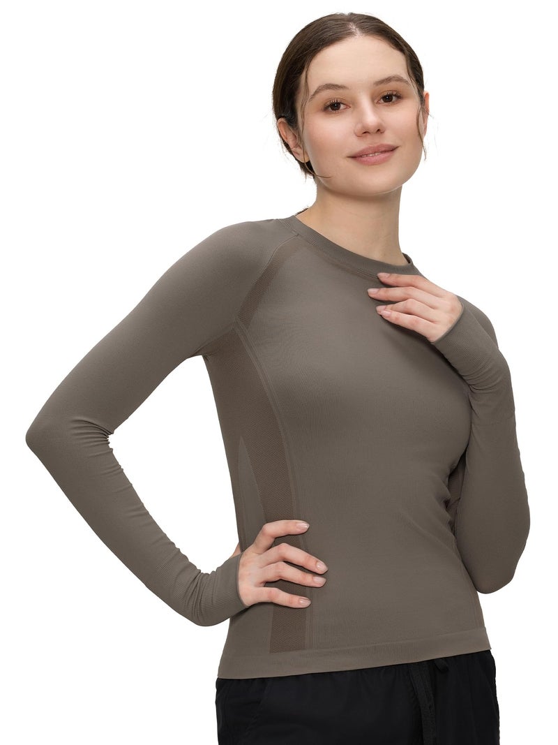 COZYFIT Long Sleeve Workout Tops for Women, Compression Shirt, Sports Running Shirt Breathable Athletic Top Slim Fit, Coffee Grey, M - Image 1