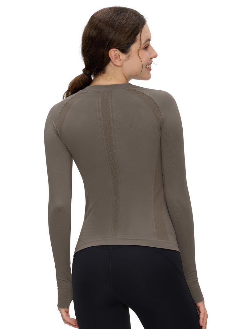 COZYFIT Long Sleeve Workout Tops for Women, Compression Shirt, Sports Running Shirt Breathable Athletic Top Slim Fit, Coffee Grey, M - Image 2