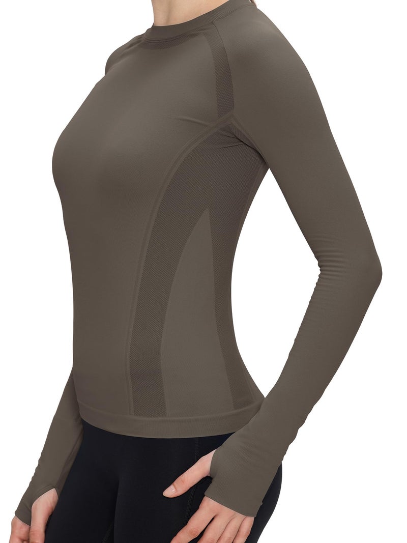 COZYFIT Long Sleeve Workout Tops for Women, Compression Shirt, Sports Running Shirt Breathable Athletic Top Slim Fit, Coffee Grey, M - Image 5