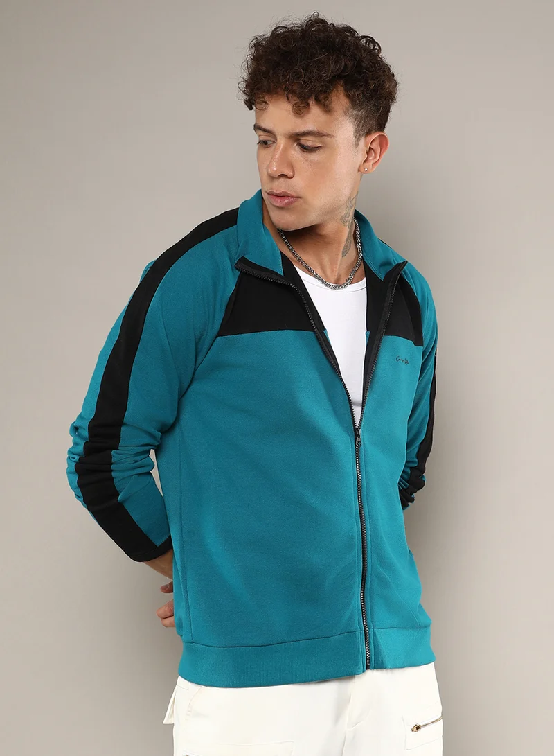 Campus Sutra Men's Teal Blue Zip-Front Jacket With Contrast Detail