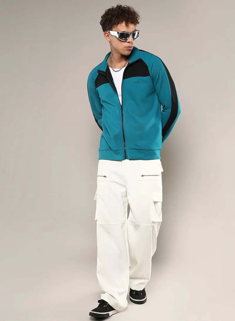 Campus Sutra Men's Teal Blue Zip-Front Jacket With Contrast Detail