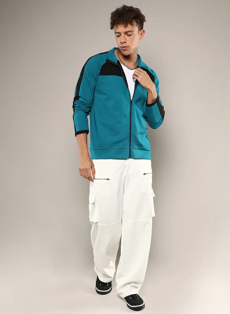 Campus Sutra Men's Teal Blue Zip-Front Jacket With Contrast Detail