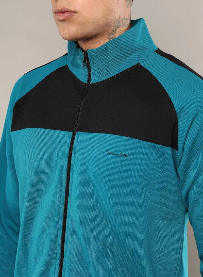 Campus Sutra Men's Teal Blue Zip-Front Jacket With Contrast Detail