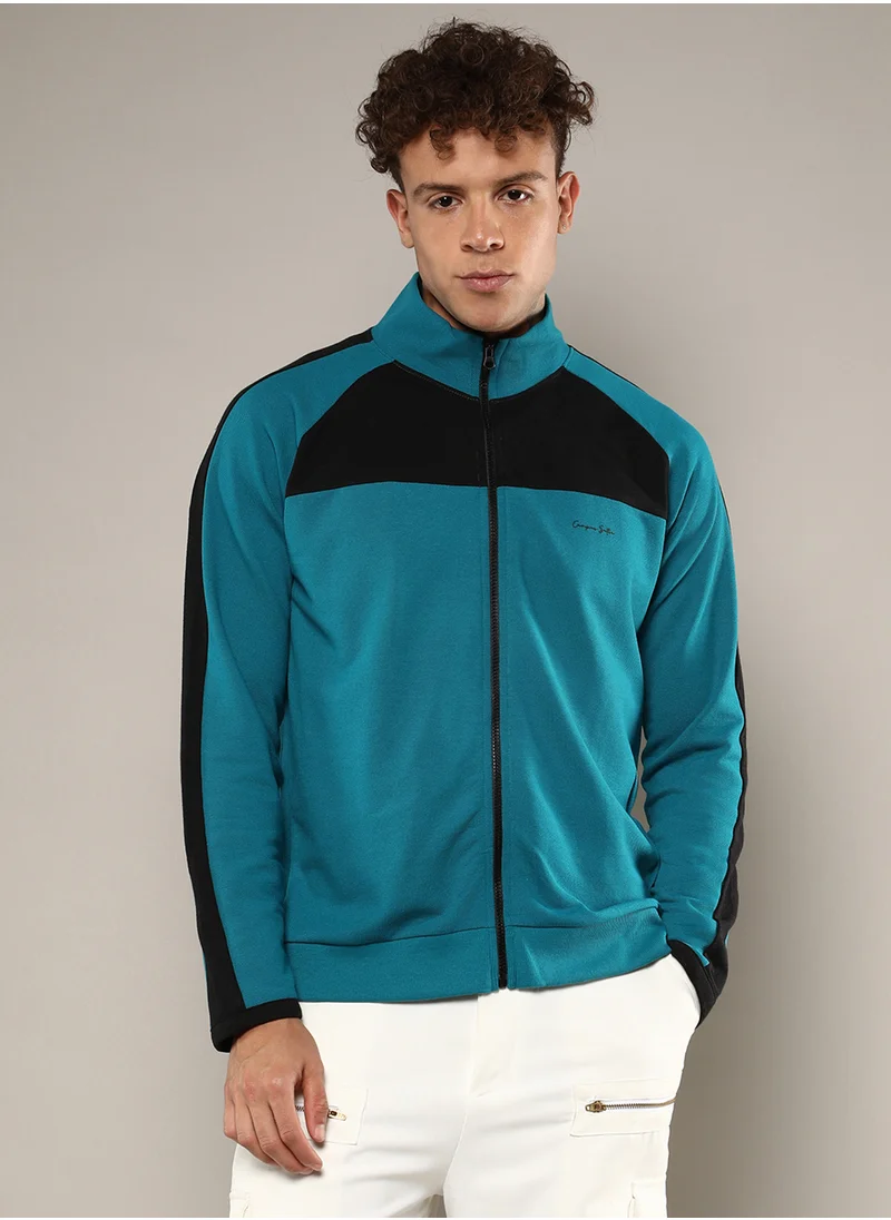 Campus Sutra Men's Teal Blue Zip-Front Jacket With Contrast Detail