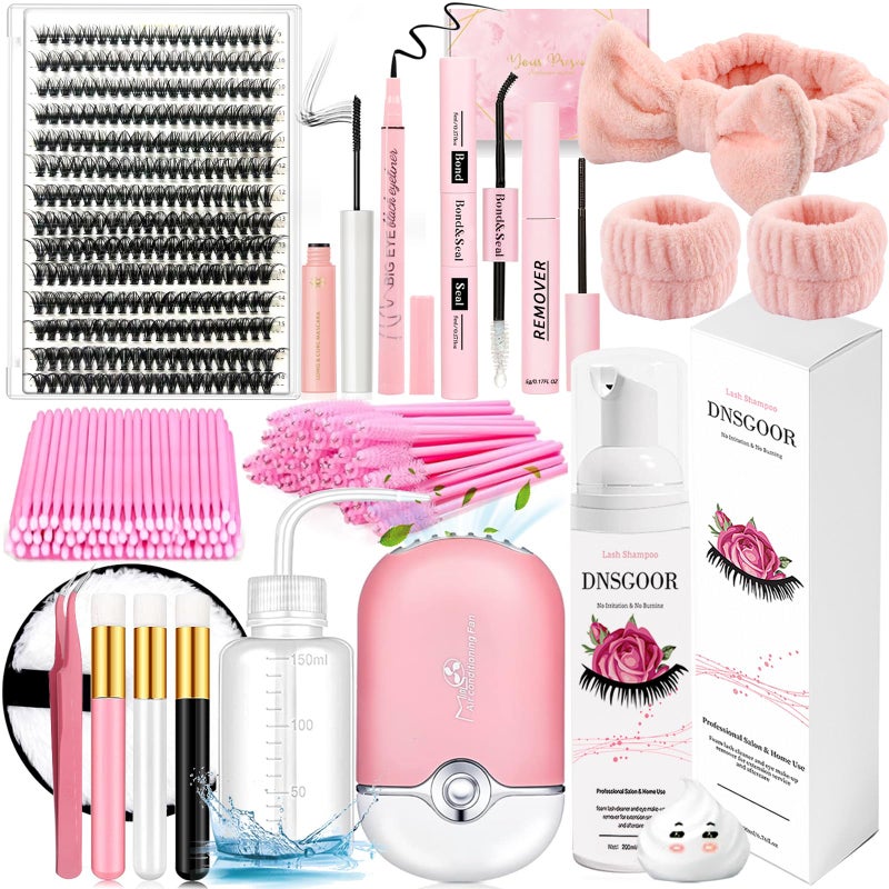 DNSGOOR DIY Lash Extension Kit with 280 PCS 9-16mm 40D Lashes Clusters 200ml/6.7fl.oz Lash Cleanser Eyelash Shampoo Mini USB Portable Lash Fan Bond and Seal Remover Eyeliner Eyelid Cleaning Brush - Image 1