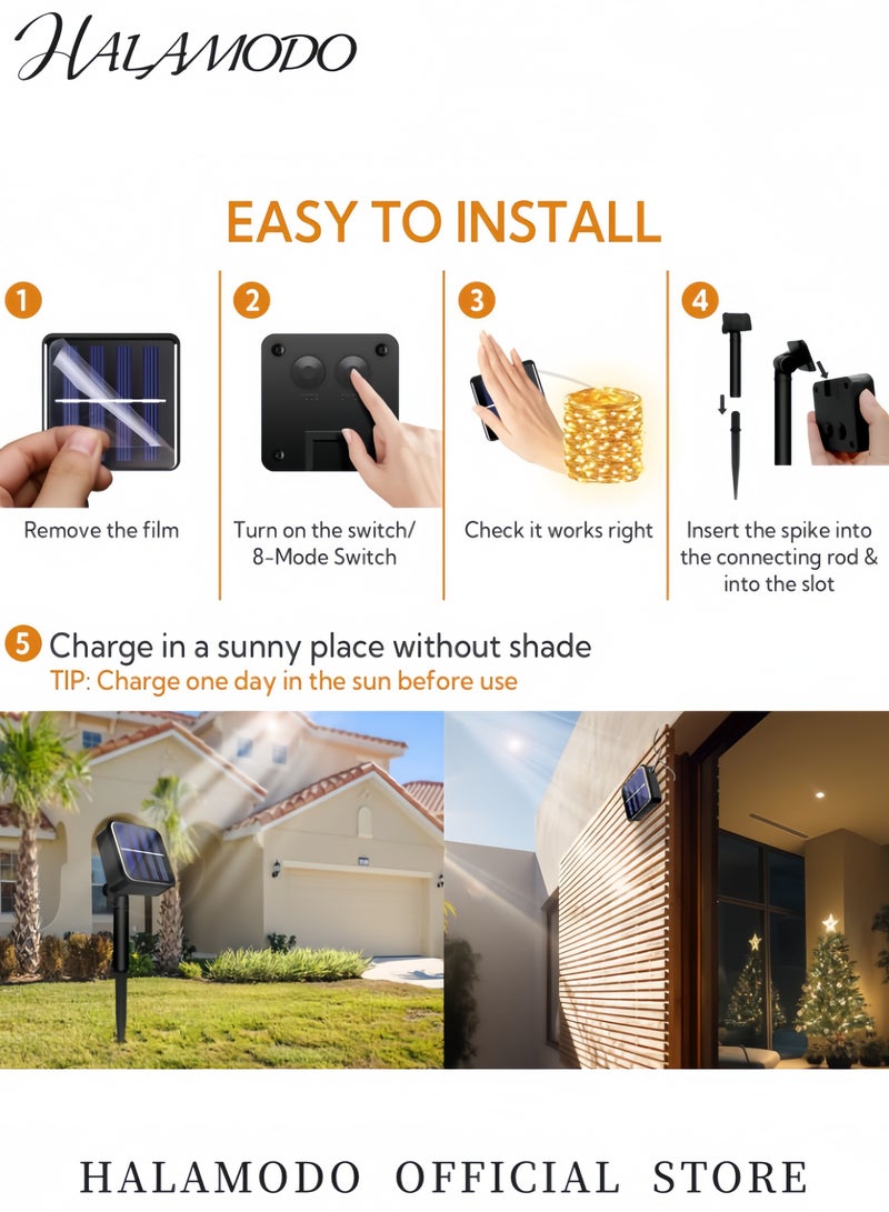 هالامودو أضواء خيطية شمسية للأشجار 2 طقم من أضواء الخيط الشمسية مع 200 LED وأضواء متلألئة مع 8 أوضاع أضواء شمسية مقاومة للماء للحدائق والفناء الخارجي لزينة الحفلات والزفاف - Image 5