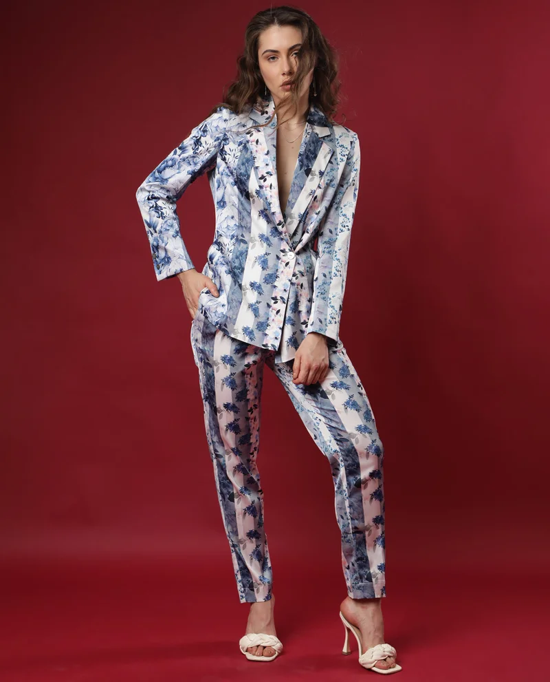Rareism Women's Satin Striped Floral Trousers