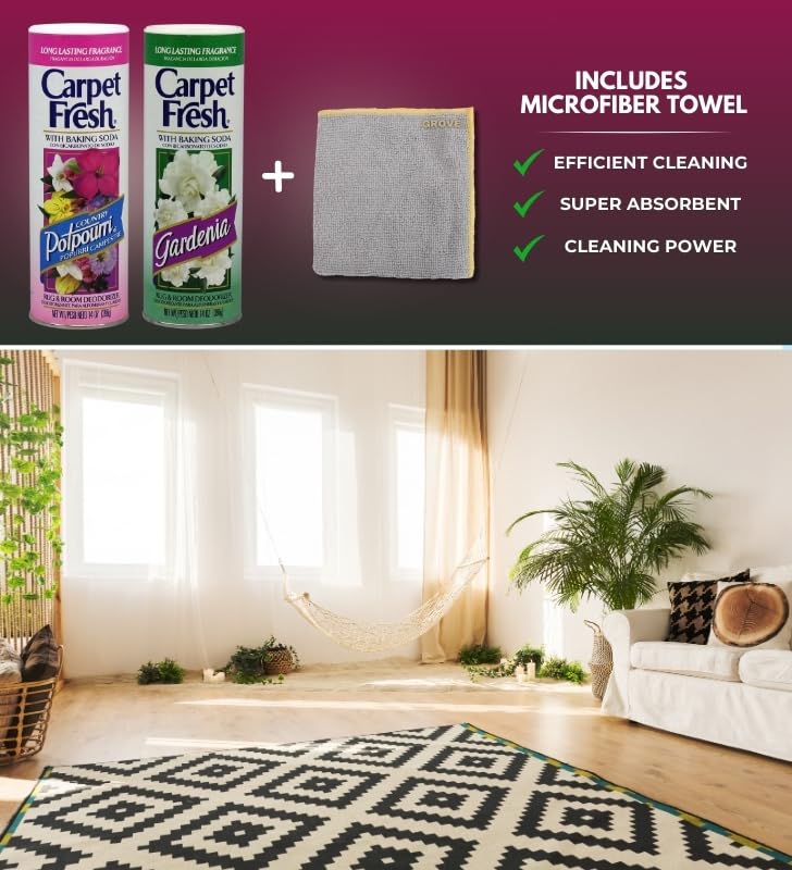 GROVE Carpet Freshener Powder Bundle - Gardenia & Country Potpourri Scents - 14 oz + Microfiber Cloth - Carpet Odor Eliminator - Pet Safe - Deodorizer - Image 4