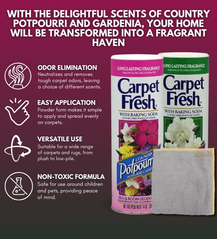 GROVE Carpet Freshener Powder Bundle - Gardenia & Country Potpourri Scents - 14 oz + Microfiber Cloth - Carpet Odor Eliminator - Pet Safe - Deodorizer - Image 3