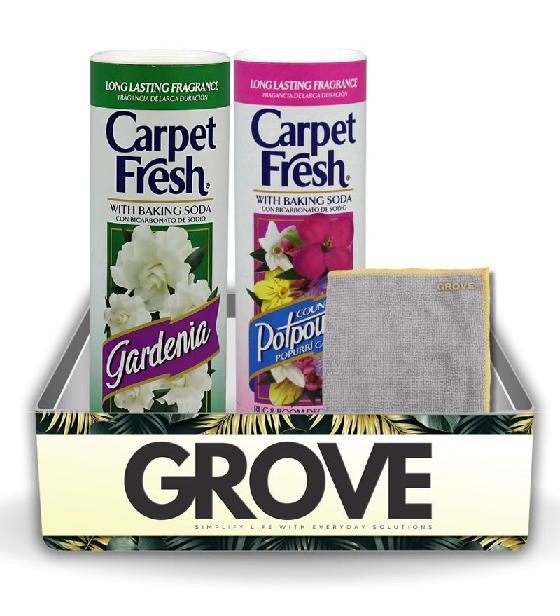 GROVE Carpet Freshener Powder Bundle - Gardenia & Country Potpourri Scents - 14 oz + Microfiber Cloth - Carpet Odor Eliminator - Pet Safe - Deodorizer - Image 1