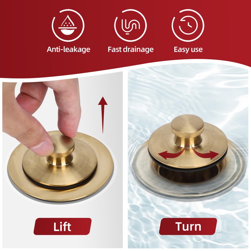 Primsoph Lift Turn Tub Drain Trim Kit With One Hole Overflow Faceplate Conversion Kit Assembly Universal Fine Coarse Thread Replacement Brushed Gold - Image 4