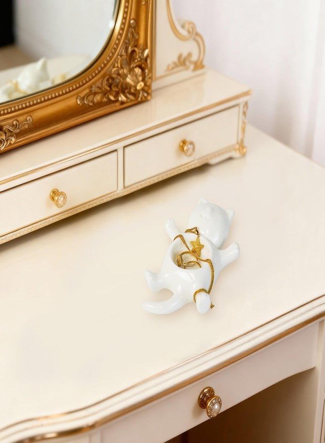 YOBRO Sleeping Cat Jewelry Dish, Ceramic Ring Holder Tray with Hollow Belly for Rings, Earrings, Bracelets, Necklaces - Cute Desk Organizer (White) - Image 4
