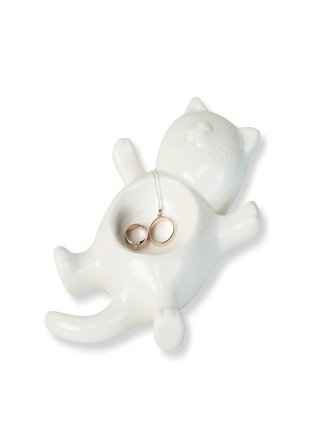 YOBRO Sleeping Cat Jewelry Dish, Ceramic Ring Holder Tray with Hollow Belly for Rings, Earrings, Bracelets, Necklaces - Cute Desk Organizer (White) - Image 1