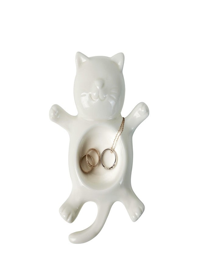 YOBRO Sleeping Cat Jewelry Dish, Ceramic Ring Holder Tray with Hollow Belly for Rings, Earrings, Bracelets, Necklaces - Cute Desk Organizer (White) - Image 2