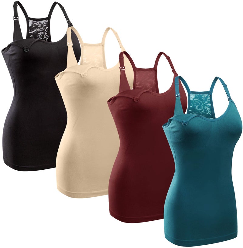 GXXGE 4Pack Women's Nursing Tank Top Cami Nursing Maternity Bra Breastfeeding Shirts with Adjustable Straps Black Beige Rosered Blue Small - Image 1