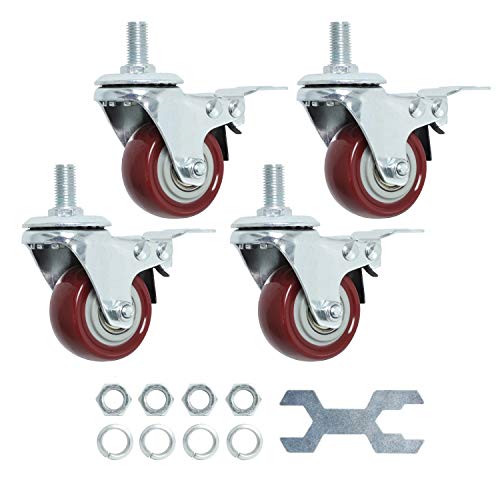 Finnhomy Swivel Caster Wheels 2 Inch Heavy Duty Threaded Stem Casters 1/2"-13 x 1 with Brake Set of 4 Premium Polyurethane Wheels PU Load Bearing 800 Lbs Anti-wear Smooth Casters, Red - Image 1