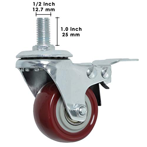 Finnhomy Swivel Caster Wheels 2 Inch Heavy Duty Threaded Stem Casters 1/2"-13 x 1 with Brake Set of 4 Premium Polyurethane Wheels PU Load Bearing 800 Lbs Anti-wear Smooth Casters, Red - Image 3