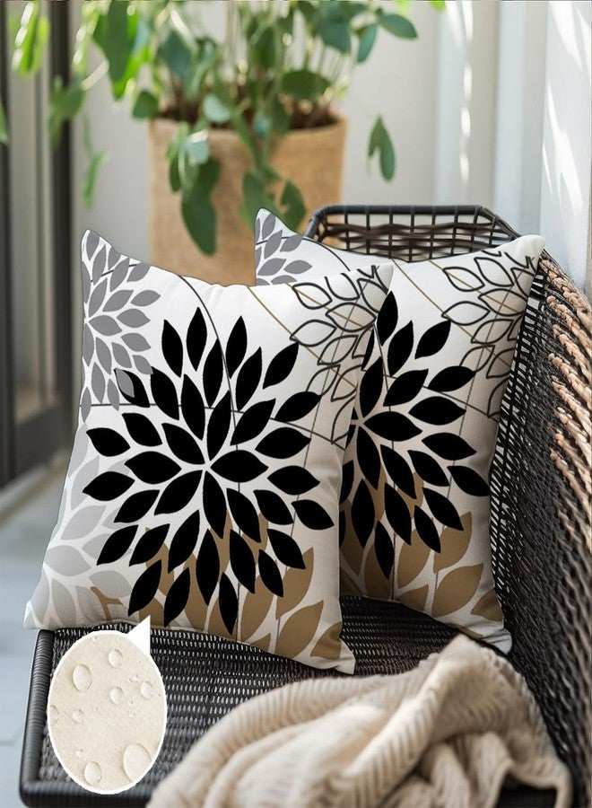 RABUSOFA Outdoor Pillow Covers Waterproof 18x18 Inch Set of 2,Floral Black and White Square Cushion Case Decoration for Patio Furniture Garden Couch Tan Brown - Image 2