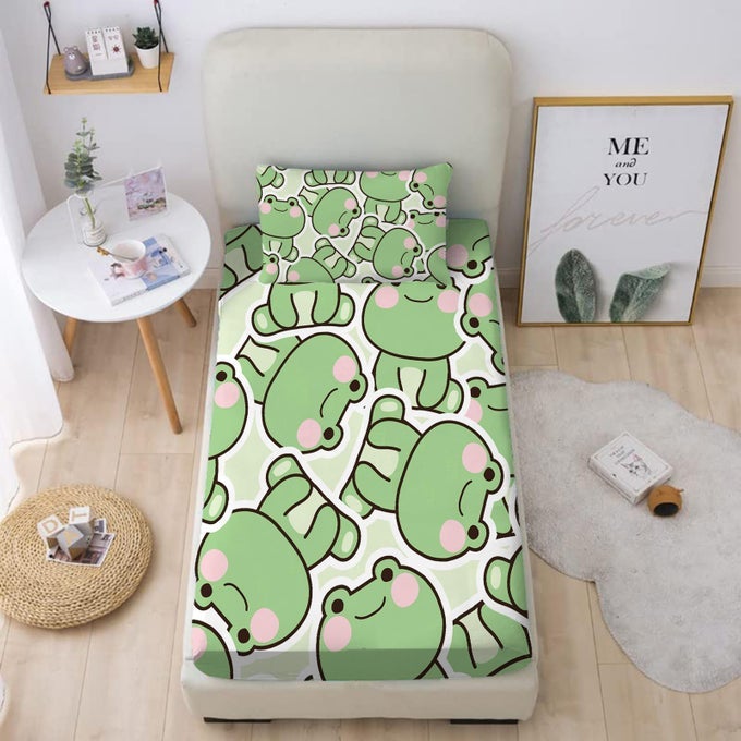 FROG SHEET CARTOON ANIMAL FITTED SHEET CUTE FROG BEDDING SHEET SETS FOR BOYS GIRLS AND TEENS KIDS BED SHEETS 1 DEEP POCKET FITTED SHEET WITH 1 PILLOWCASES MICROFIBER TWIN
