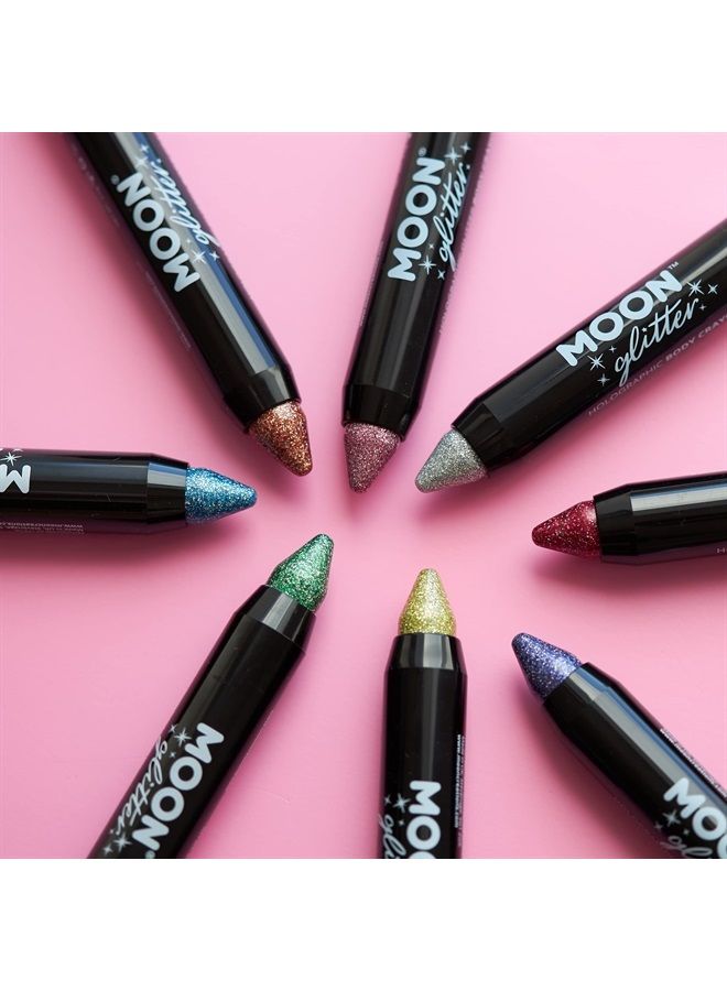 Moon Glitter قلم طلاء لامع هولوجرافيكي / قلم مكياج للجسم والوجه من مون غليتر - 0.12 أونصة - مجموعة هدايا تحتوي على 6 أقلام للجسم - فضي، وردي، ذهبي، وردي ذهبي، أزرق وأخضر - Image 3