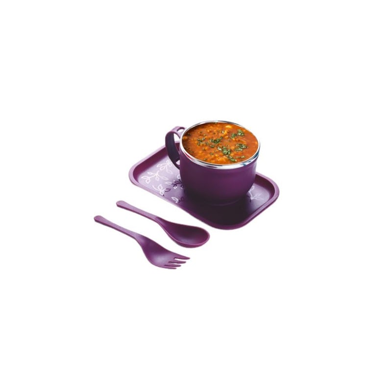 Nestwell طقم أطباق شوربة نستل ويل N-341 من الفولاذ المقاوم للصدأ مع مقبض، ملعقة، شوكة وصينية | 350 مل | متعدد الألوان | وعاء نودلز لماغي، باستا، أرز | حاوية طعام (بنفسجي) - Image 2