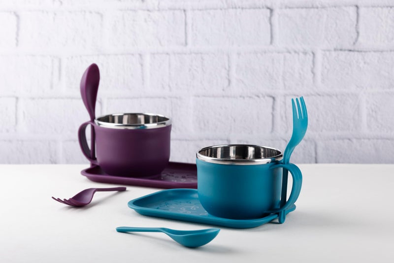 Nestwell طقم أطباق شوربة نستل ويل N-341 من الفولاذ المقاوم للصدأ مع مقبض، ملعقة، شوكة وصينية | 350 مل | متعدد الألوان | وعاء نودلز لماغي، باستا، أرز | حاوية طعام (بنفسجي) - Image 5