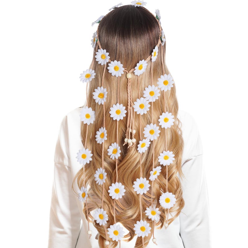 Sucrain 1pcs Flower Hippie Headband Floral Crown Summer Sunflower Hair Accessories for 70 s Bohemian Costumes Style (White) - Image 1