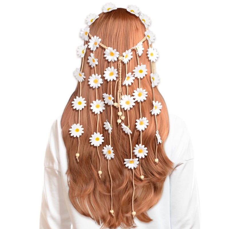 Sucrain 1pcs Flower Hippie Headband Floral Crown Summer Sunflower Hair Accessories for 70 s Bohemian Costumes Style (White) - Image 2